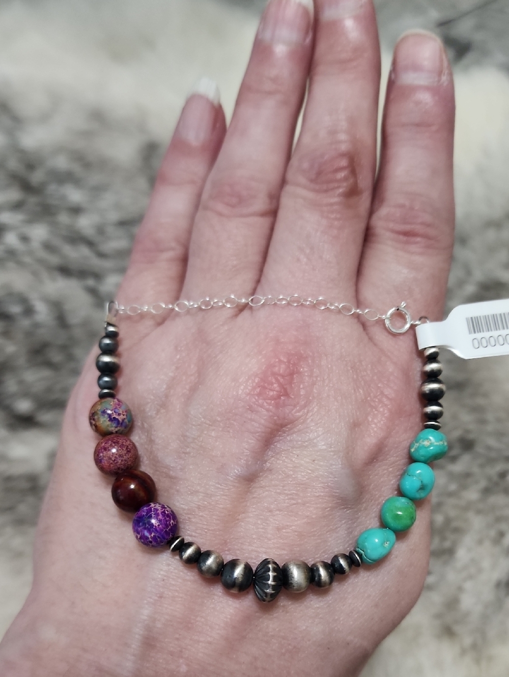 Sterling Silver Snowy Turquoise & Sedimate Jasper with Desert Pearls Bracelet - Picture 5 of 5